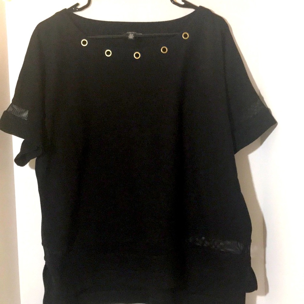 Jones New York top size L short sleeves black mesh office classic minimalist
